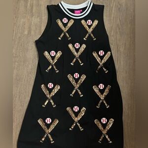 QUEEN OF SPARKLES Black Dress with Gold Baseball Design